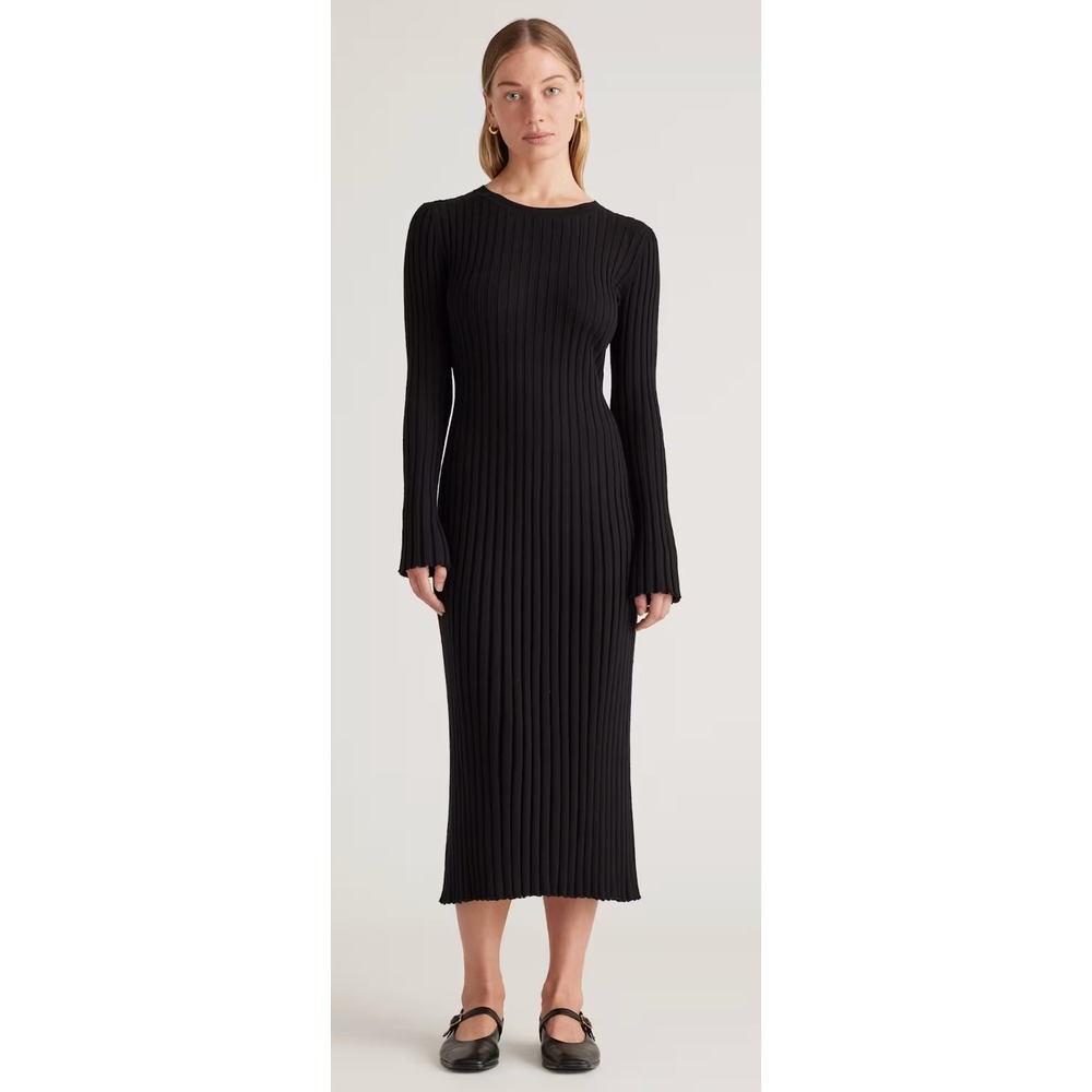 Quince Organic Cotton Cashmere Ribbed Midi Dress Black Long Sleeve Size M